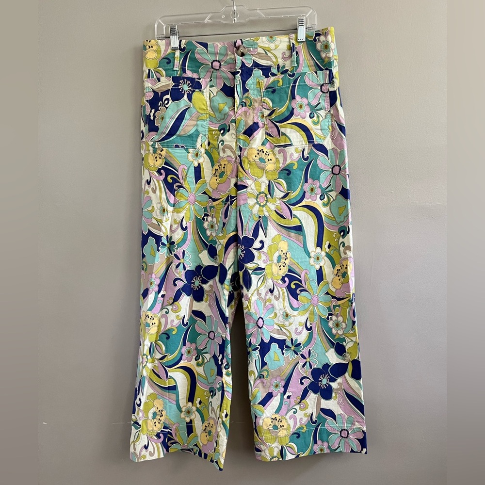 Anthropologie Maeve Collette Floral Pants- Green Purple 70's Retro Print
